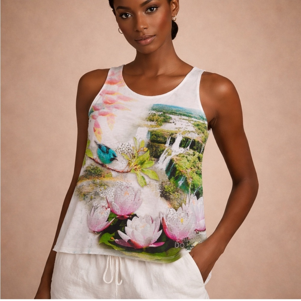 Scenic Print Sleeveless Tank Top Size 4 | Bird Waterfall Nature Graphic Top
